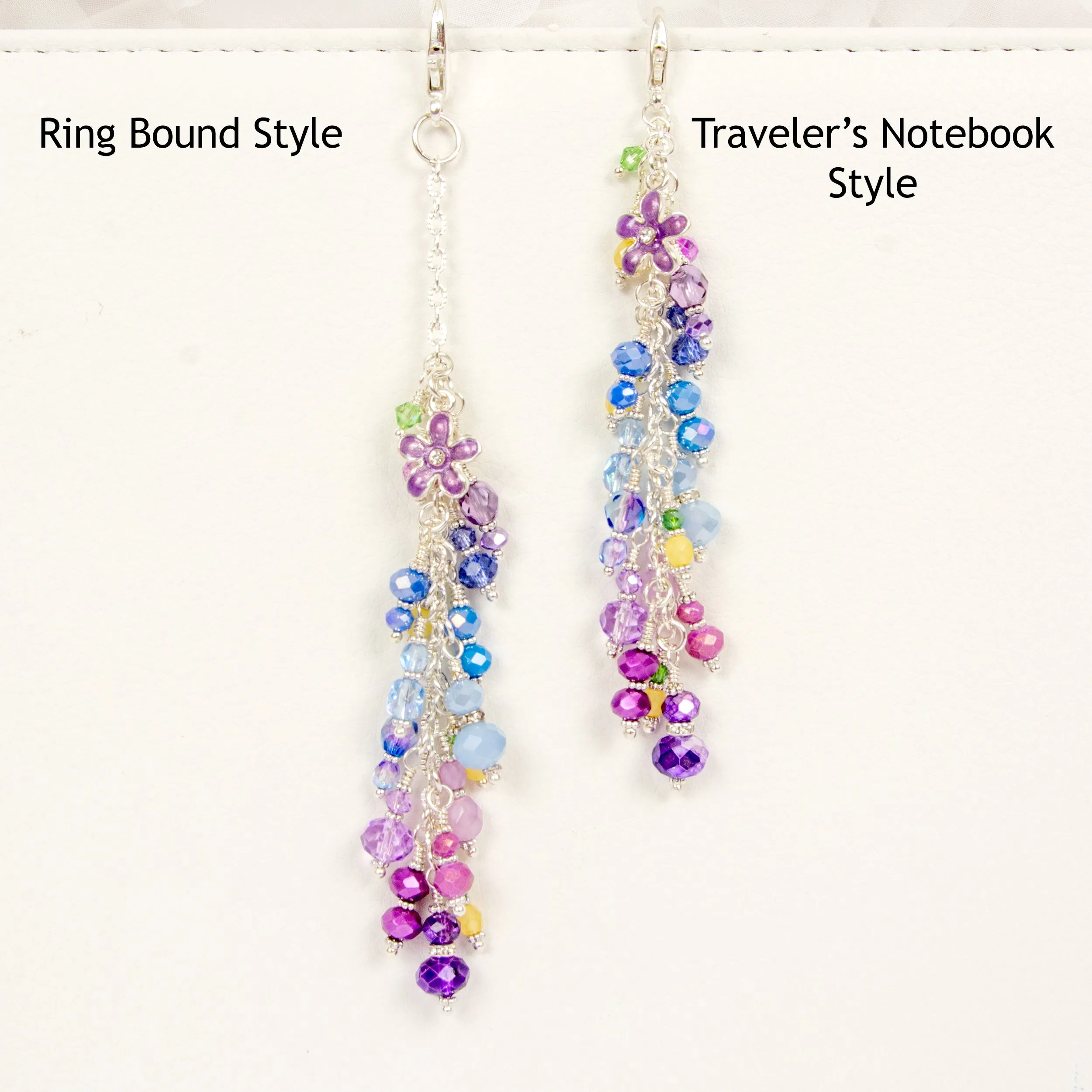 Wisteria Planner Charm with a Blue and Purple Crystal Dangle, Tiny Beaded Lemons and a Purple Flower