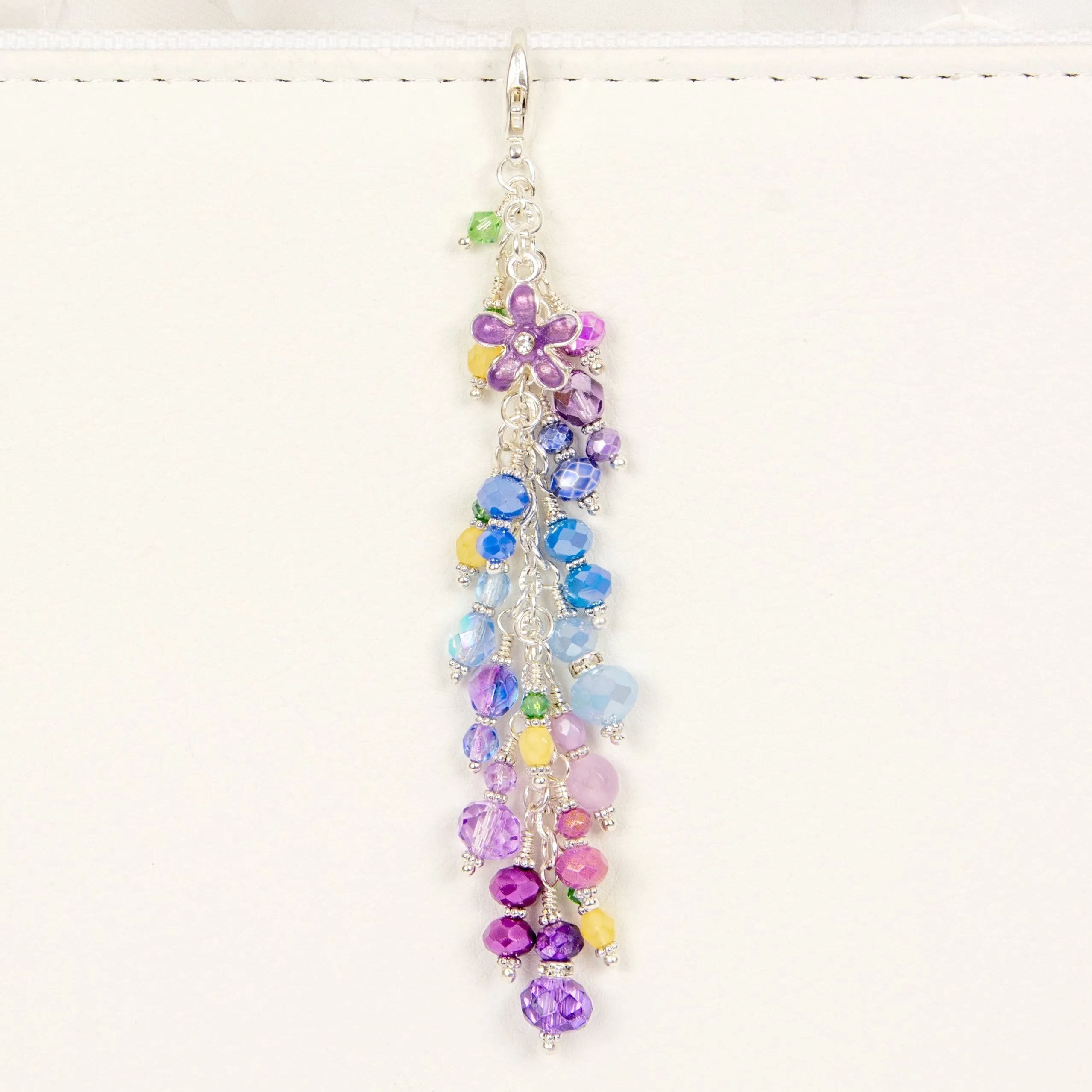 Wisteria Planner Charm with a Blue and Purple Crystal Dangle, Tiny Beaded Lemons and a Purple Flower