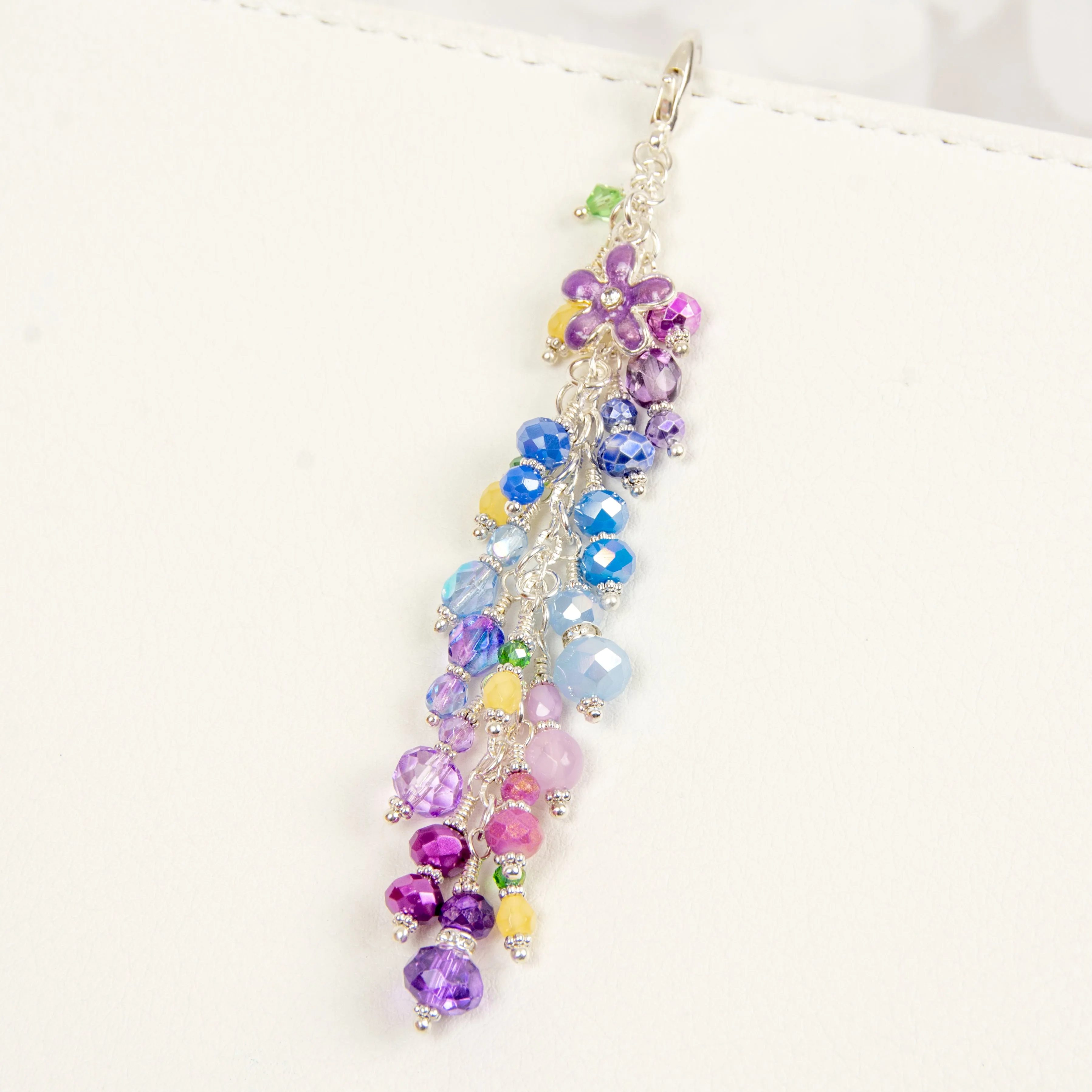 Wisteria Planner Charm with a Blue and Purple Crystal Dangle, Tiny Beaded Lemons and a Purple Flower