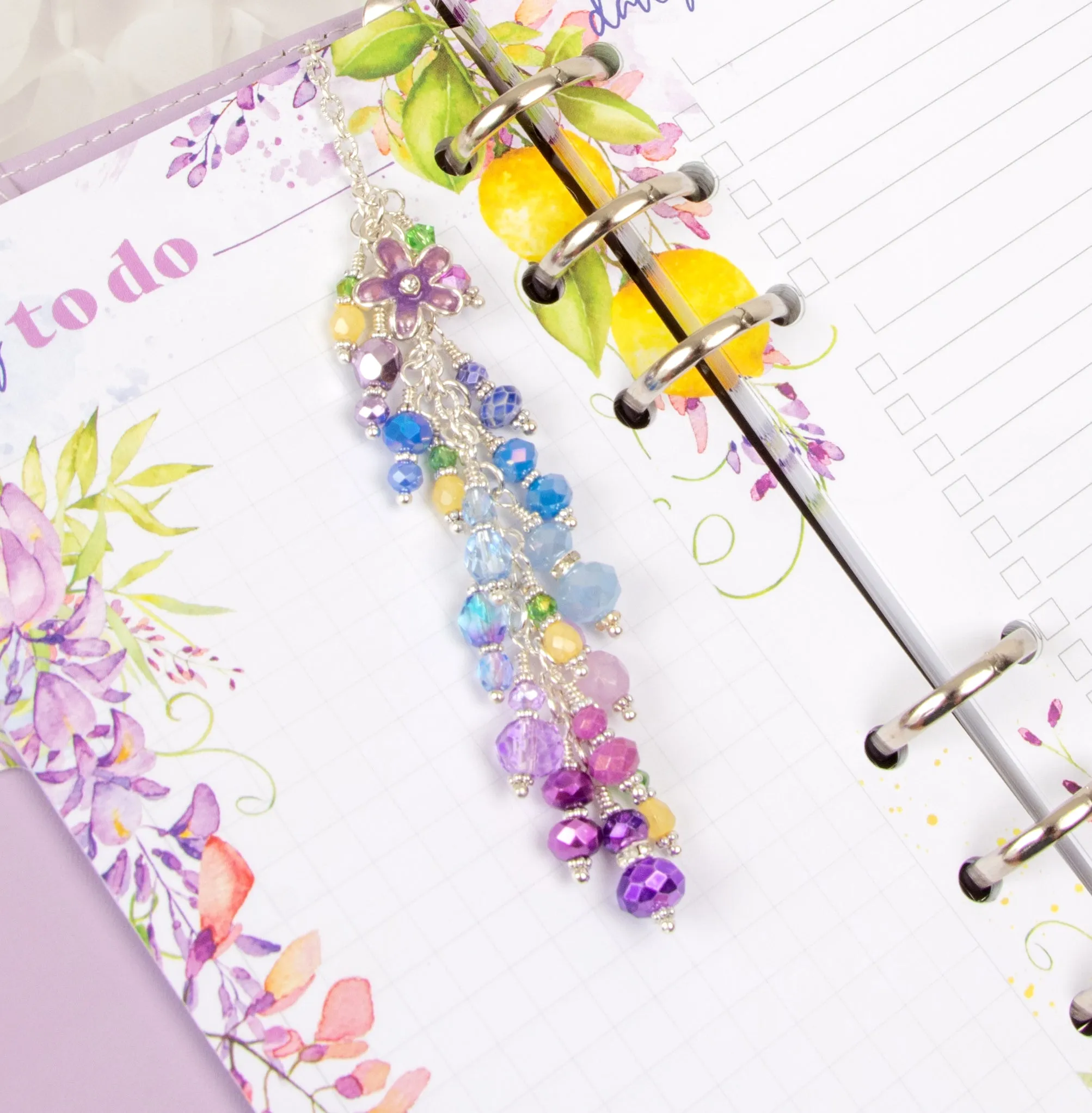 Wisteria Planner Charm with a Blue and Purple Crystal Dangle, Tiny Beaded Lemons and a Purple Flower